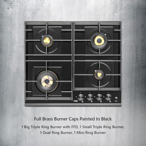 KAFF HBR 604 Built-in Hob/Hobtop 4 Burners, Auto Electric Ignition Glass Top, 60 CM, Powerful Brass Burners, 8 MM Thick Toughened Glass, Enamelled Matt Grills (Black)