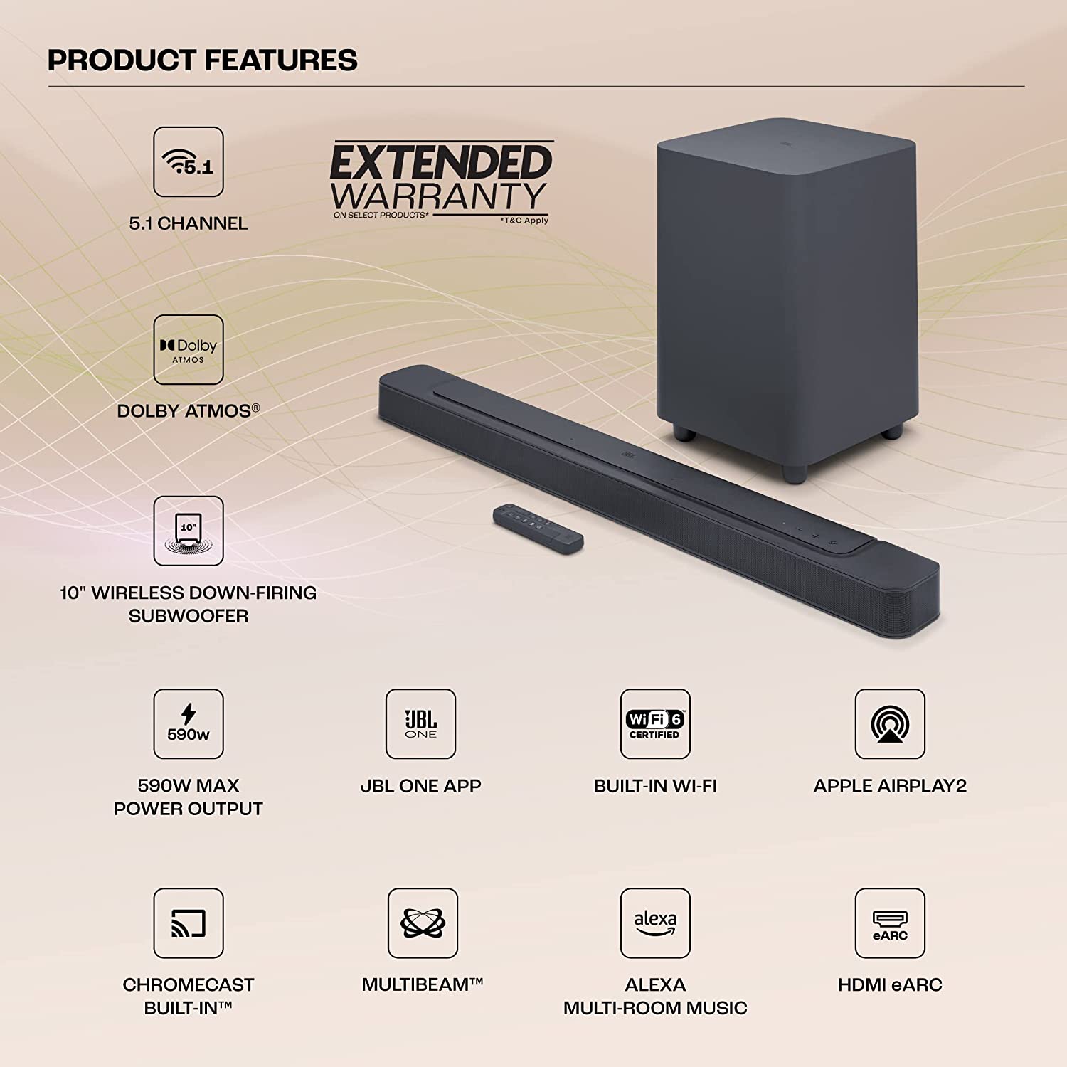 JBL Bar 500 Pro Dolby Atmos® Soundbar with Wireless Subwoofer, 5.1 Channel, 3D Surround, Multibeam™, HDMI eARC with 4K Dolby Vision Pass-Through, One App, Bluetooth, Wi-Fi & Optical Input (590W)
