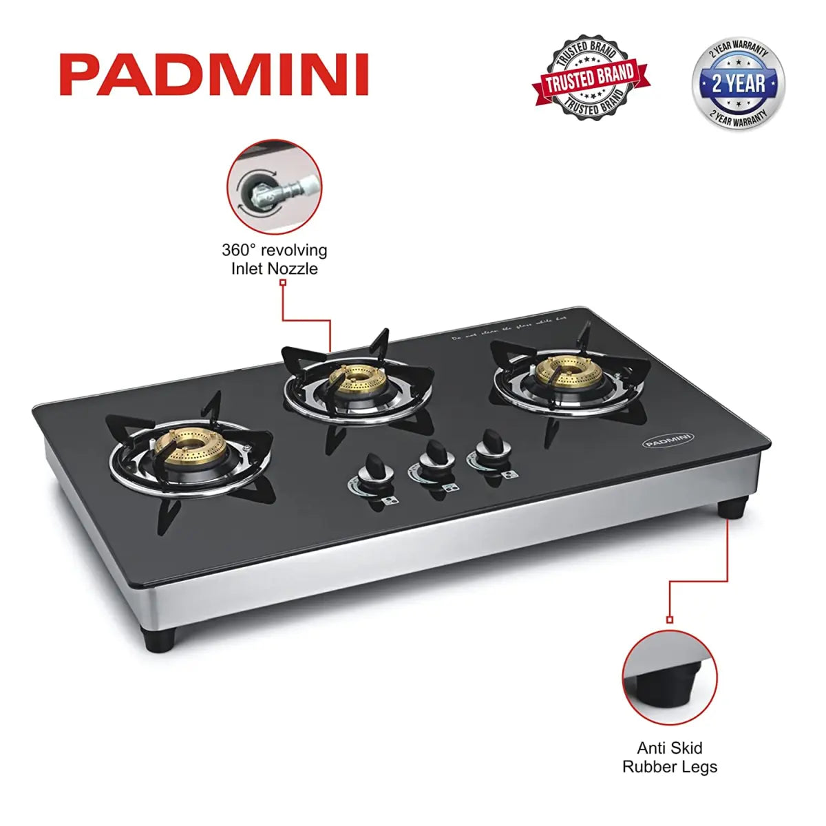 Padmini Three Burner Gas Stove - CS 3 GT HS Auto