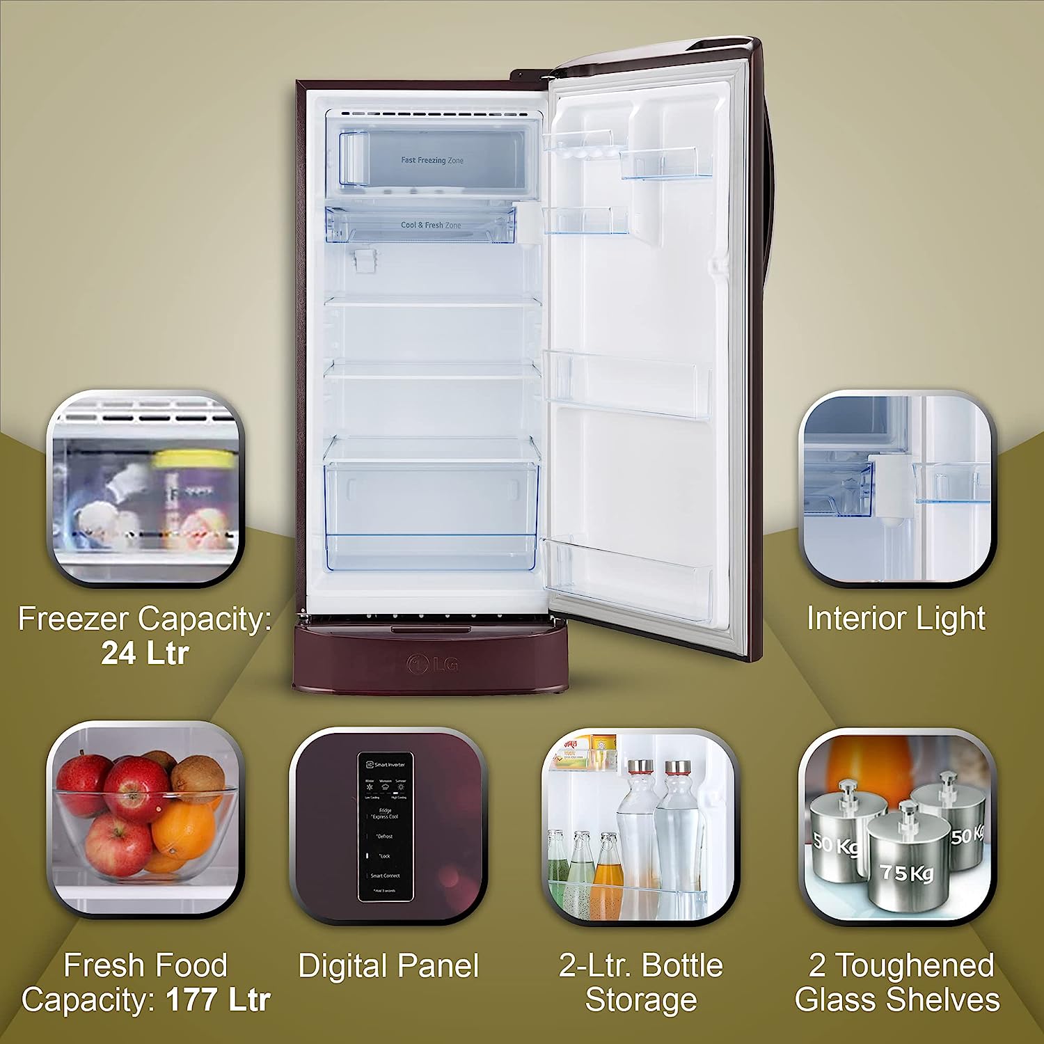 LG 201 L 5 Star Inverter Direct-Cool Single Door Refrigerator (GL-D211CSEU, Scarlet Euphoria, Base stand with drawer)