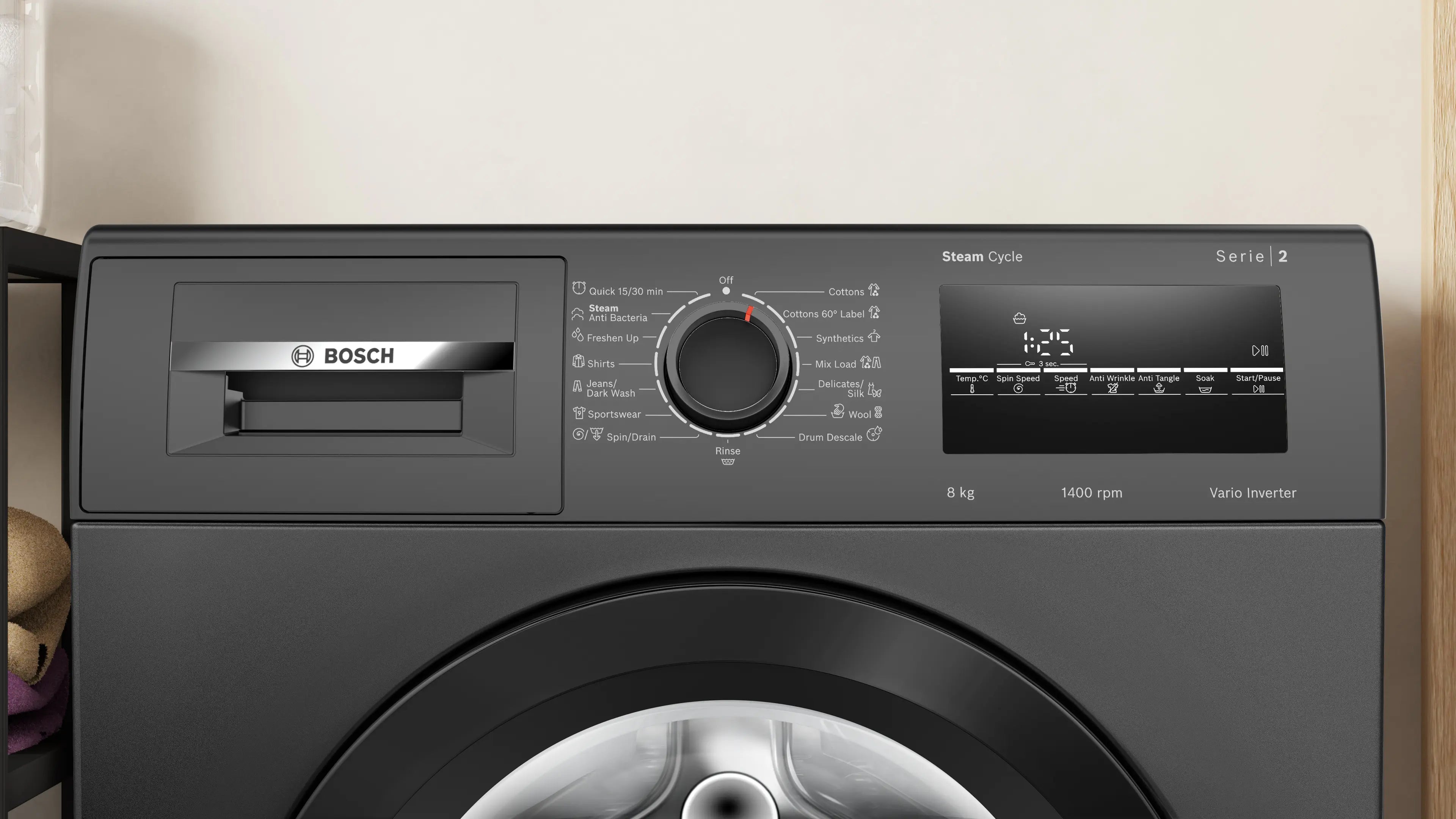 Bosch 8 kg 5 Star Fully-Automatic Front Loading Washing Machine (WAJ2826CIN, Black Grey, AI active water plus, In-Built Heater)