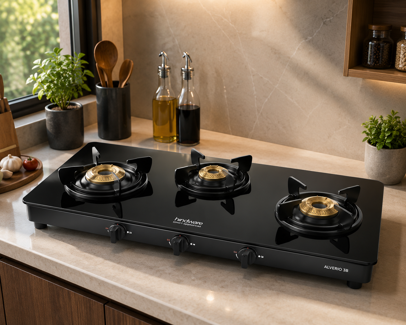 Hindware Divina BLDC 75 Chimney + Alverio 3 Burner Manual Cooktop Combo