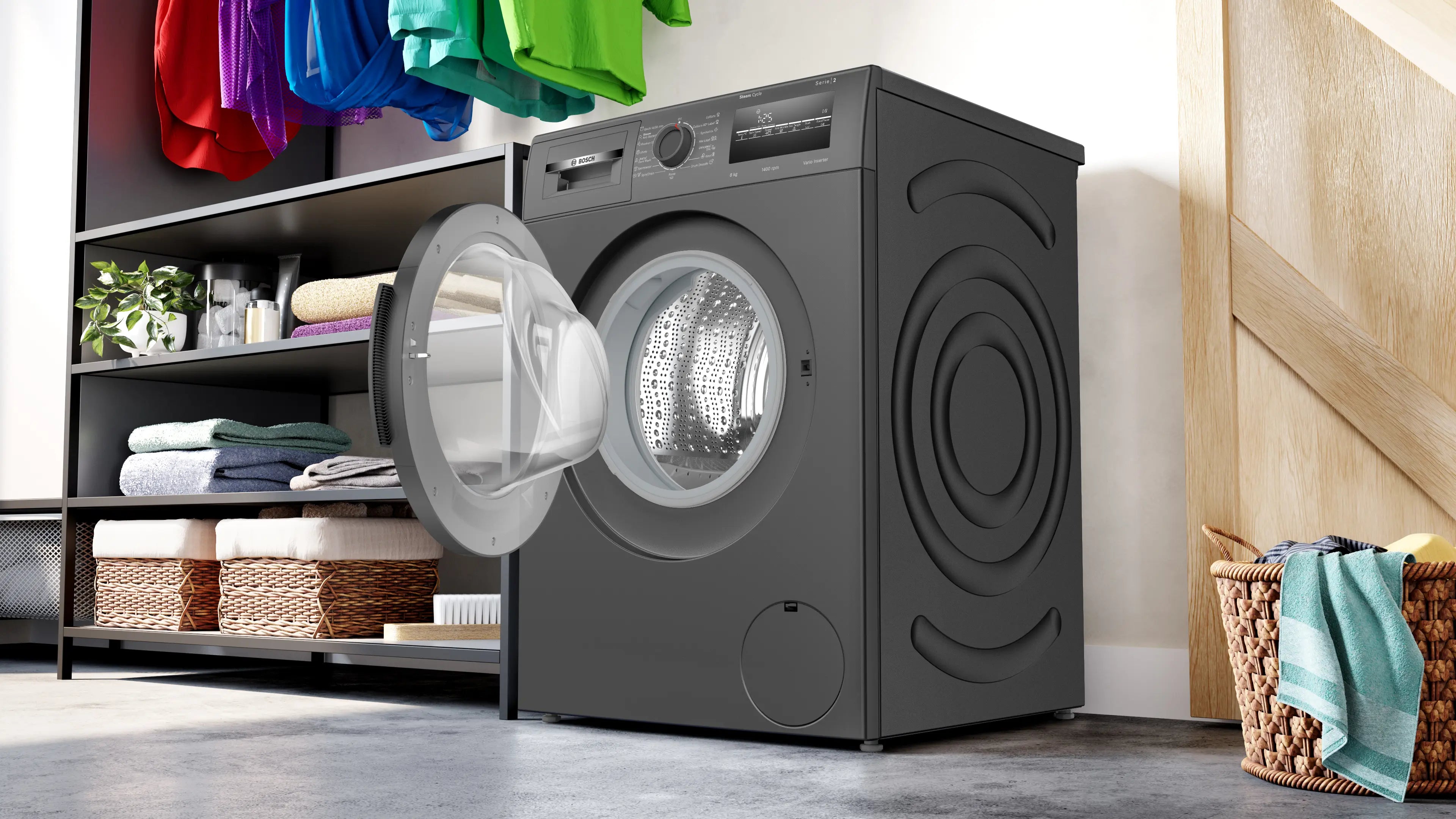 Bosch 8 kg 5 Star Fully-Automatic Front Loading Washing Machine (WAJ2826CIN, Black Grey, AI active water plus, In-Built Heater)