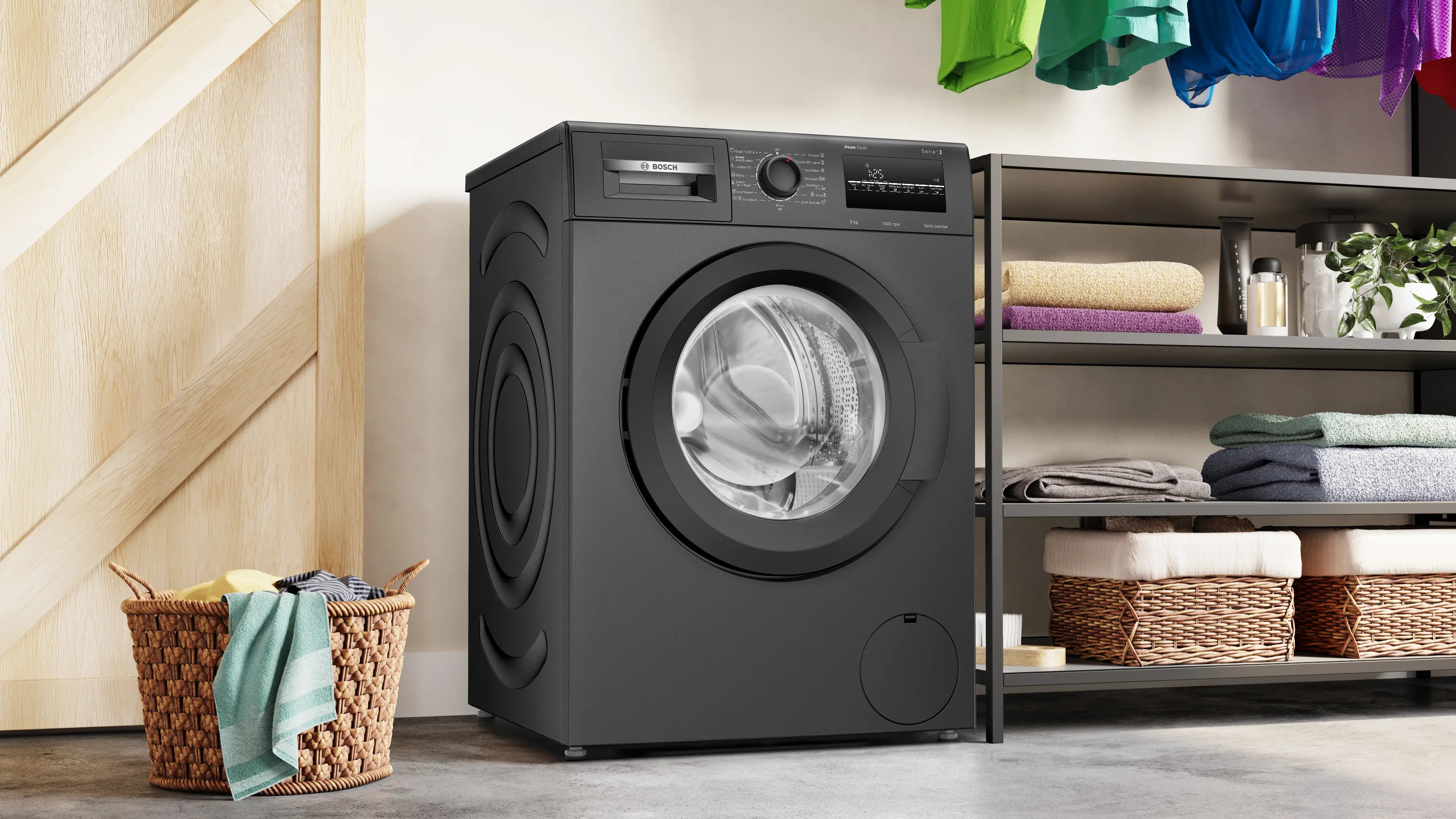 Bosch 8 kg 5 Star Fully-Automatic Front Loading Washing Machine (WAJ2826CIN, Black Grey, AI active water plus, In-Built Heater)