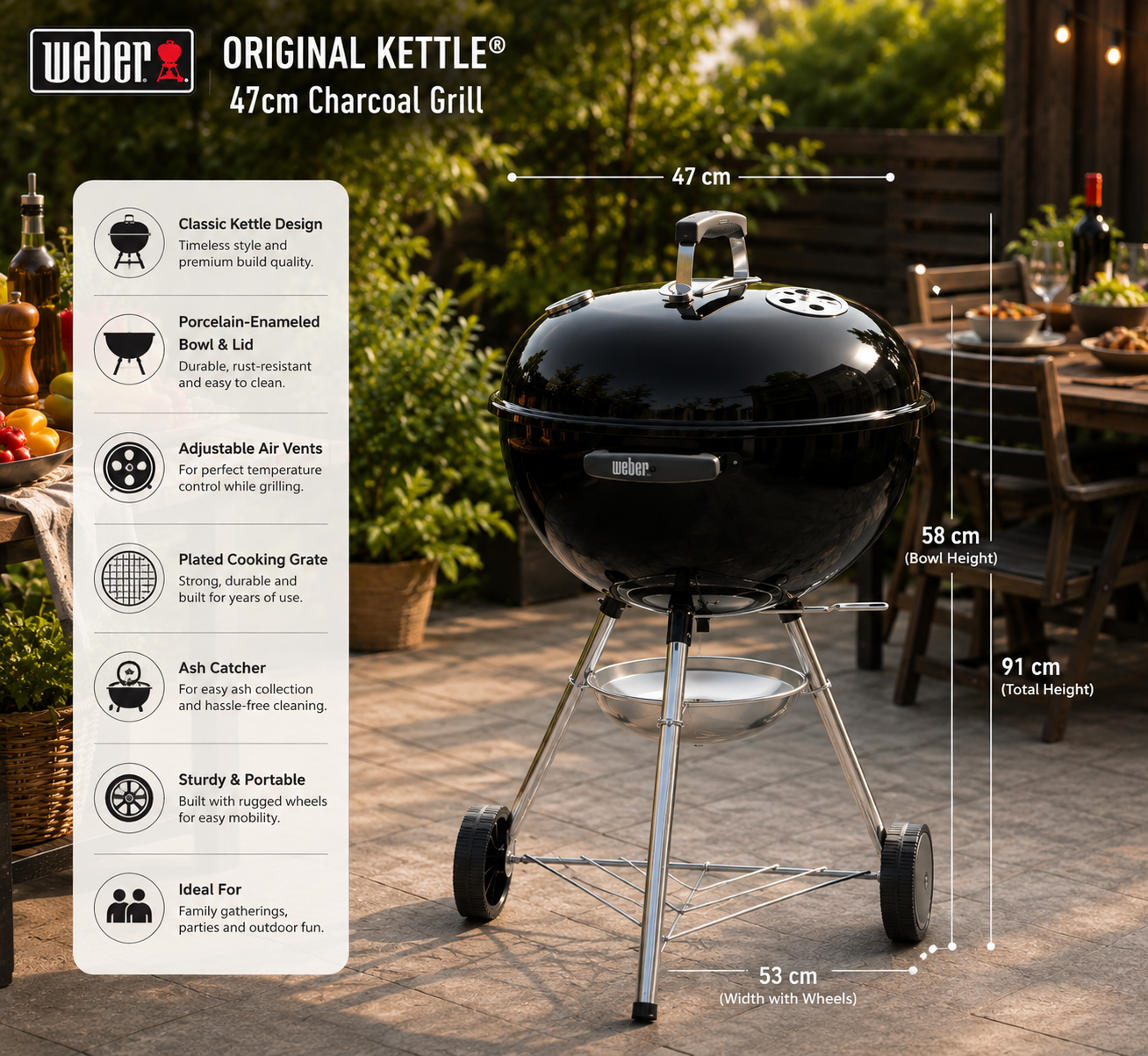 Weber Original Kettle 47cm Charcoal Grill with Thermometer | Black