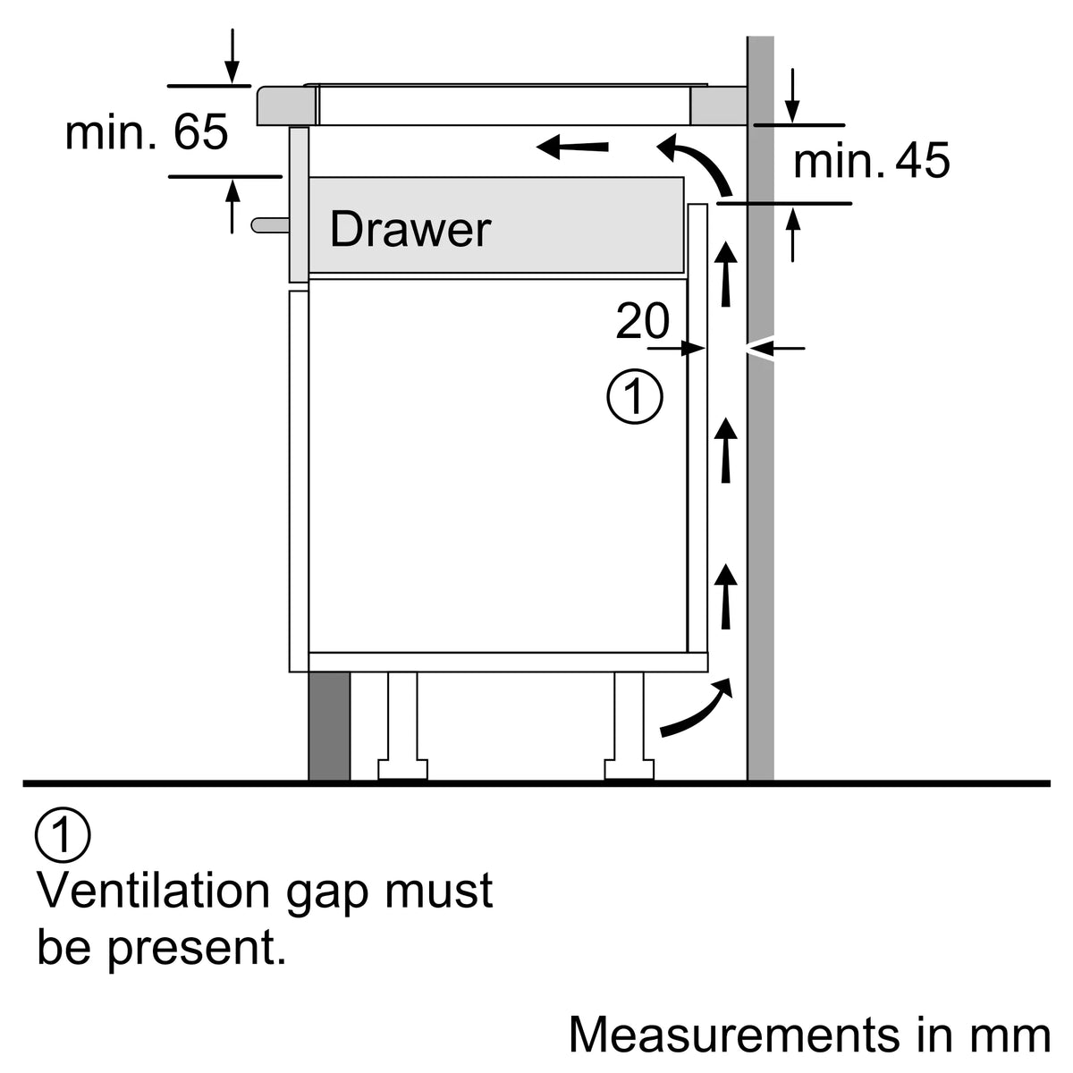 Installation diagram for Bosch PIB375FB5I hob showing drawer clearance and ventilation gap