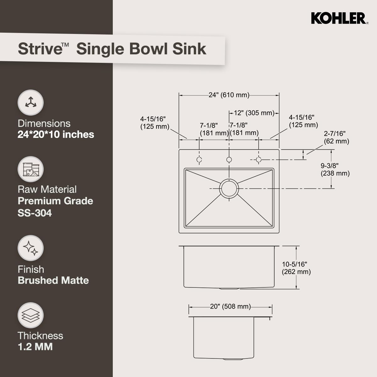 Kohler Kitchen Sink | 1.2 mm Thick Stainless Steel Single Bowl with SilentShield™ | 10" Deep, Round Corners for Easy Cleaning | 24x20x10 inches, Brushed Matte Steel