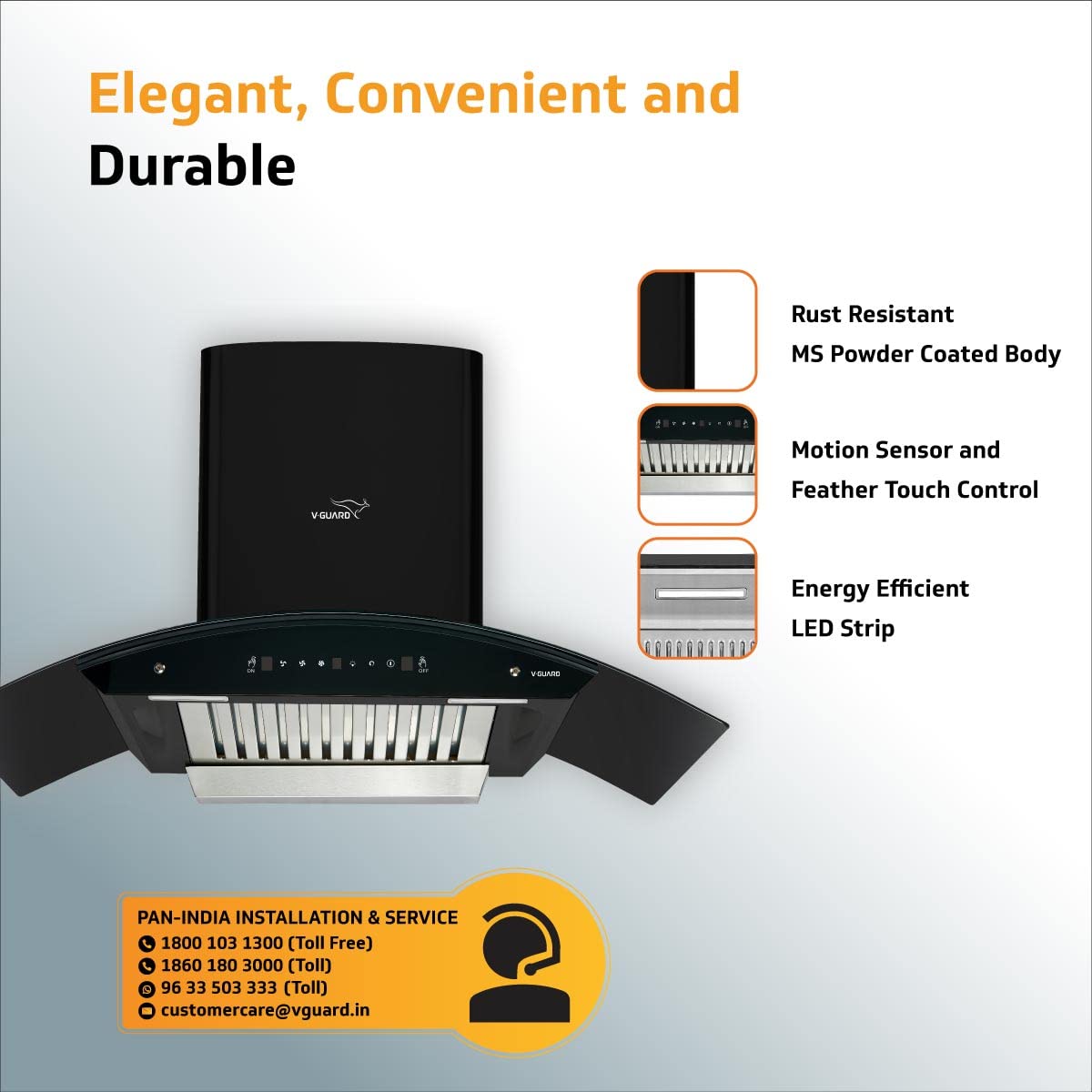 V-Guard A20 BL180 Kitchen Chimney with 1200m³/hr Suction, Intelligent Auto Clean, Curved Glass, Baffle Filter, Motion Sensor Controls, Oil Collector Tray, LED Light (Black)