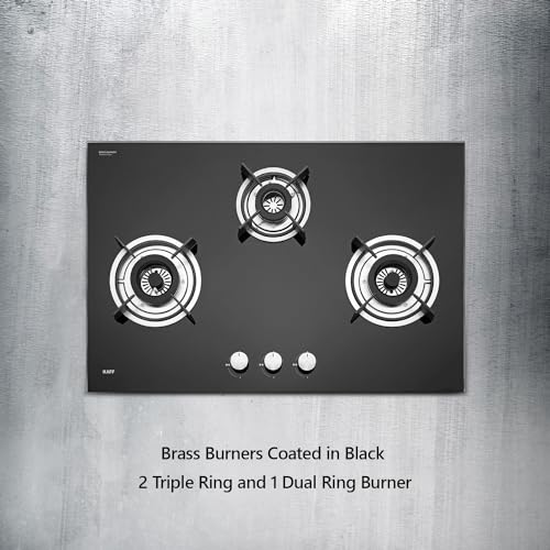 KAFF HBR 783 Built-in Hob/Hobtop 3 Burners, Auto Electric Ignition Glass Top, 78 CM, Powerful Brass Burners, 8 MM Thick Toughened Glass, Enamelled Matt Grills (Black)