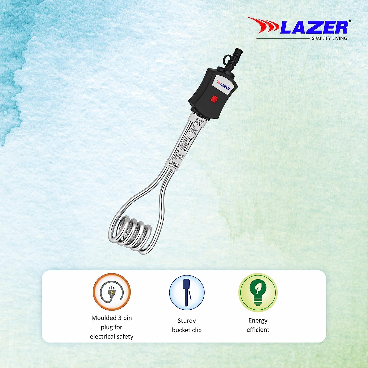 Lazer Aqua Therm ISI Certified 1000 Watts Copper Shockproof Bakelite Body Immersion Rod Water Heater (Black)