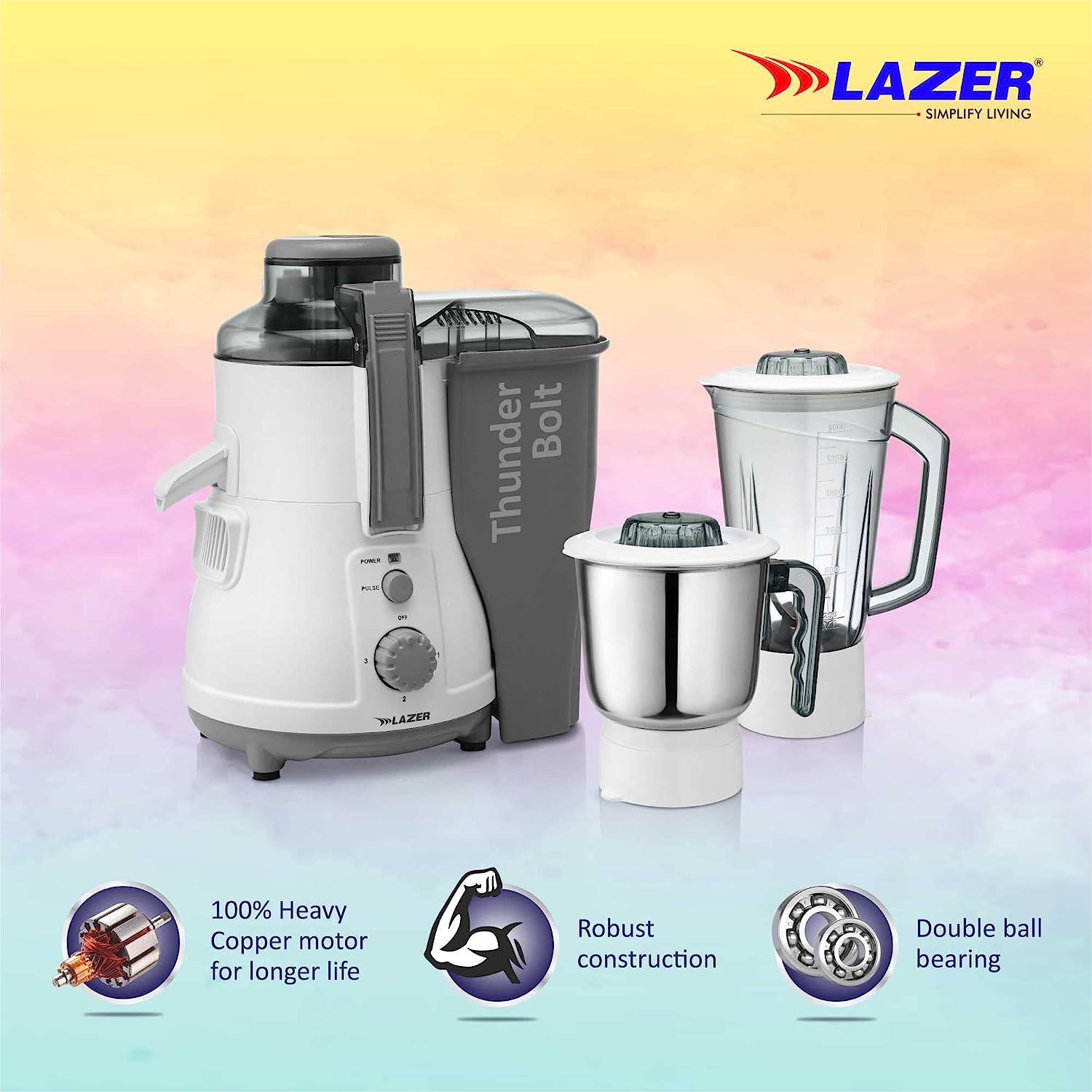 Lazer Thunder Bolt 2 jars 950W Juicer Mixer Grinder (Grey White)