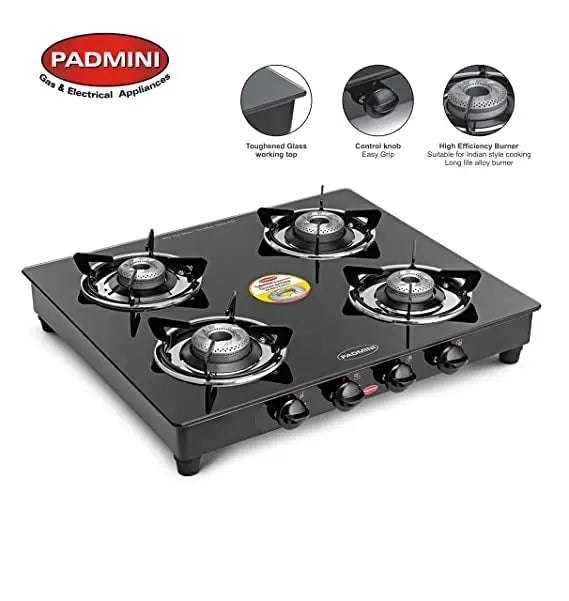 Padmini Four Burner Glass Top Gas Stove (CS-4GT Prima )-Black