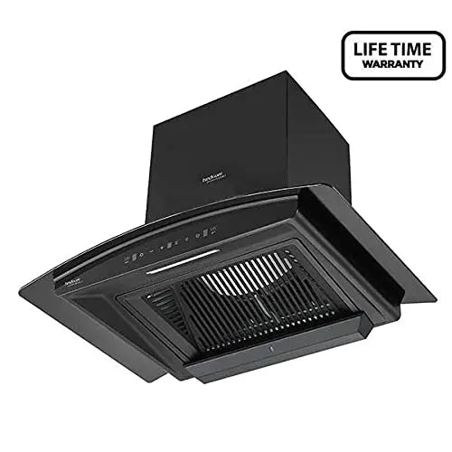 Hindware Zinnia 75BKTC chimney underside view with filter grille and lifetime warranty badge