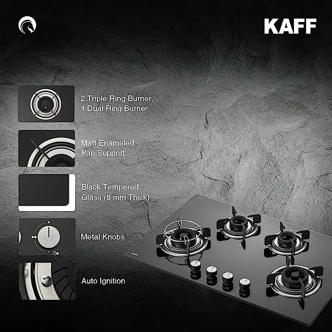 KAFF CRH 804 Tornado Style Burner Stainless Steel, Tempered Glass Auto Ignition In-Built Hobs (Black)