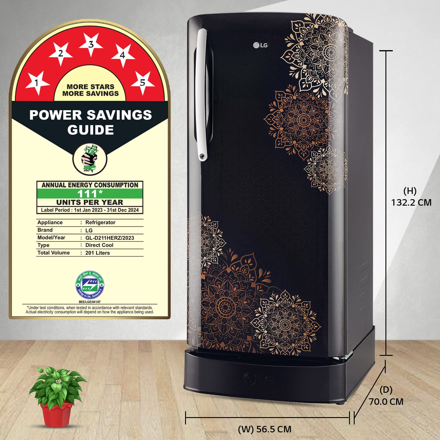 LG 204 L 5 Star Inverter Direct-Cool Single Door Refrigerator (GL-D211HERZ, Ebony Regal, Base stand with drawer, 2022 Model)