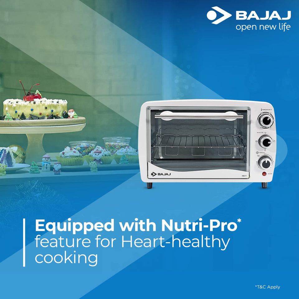 Bajaj 1603T oven toaster grill beside a decorated cake and cupcakes with a Nutri-Pro heart-healthy cooking message