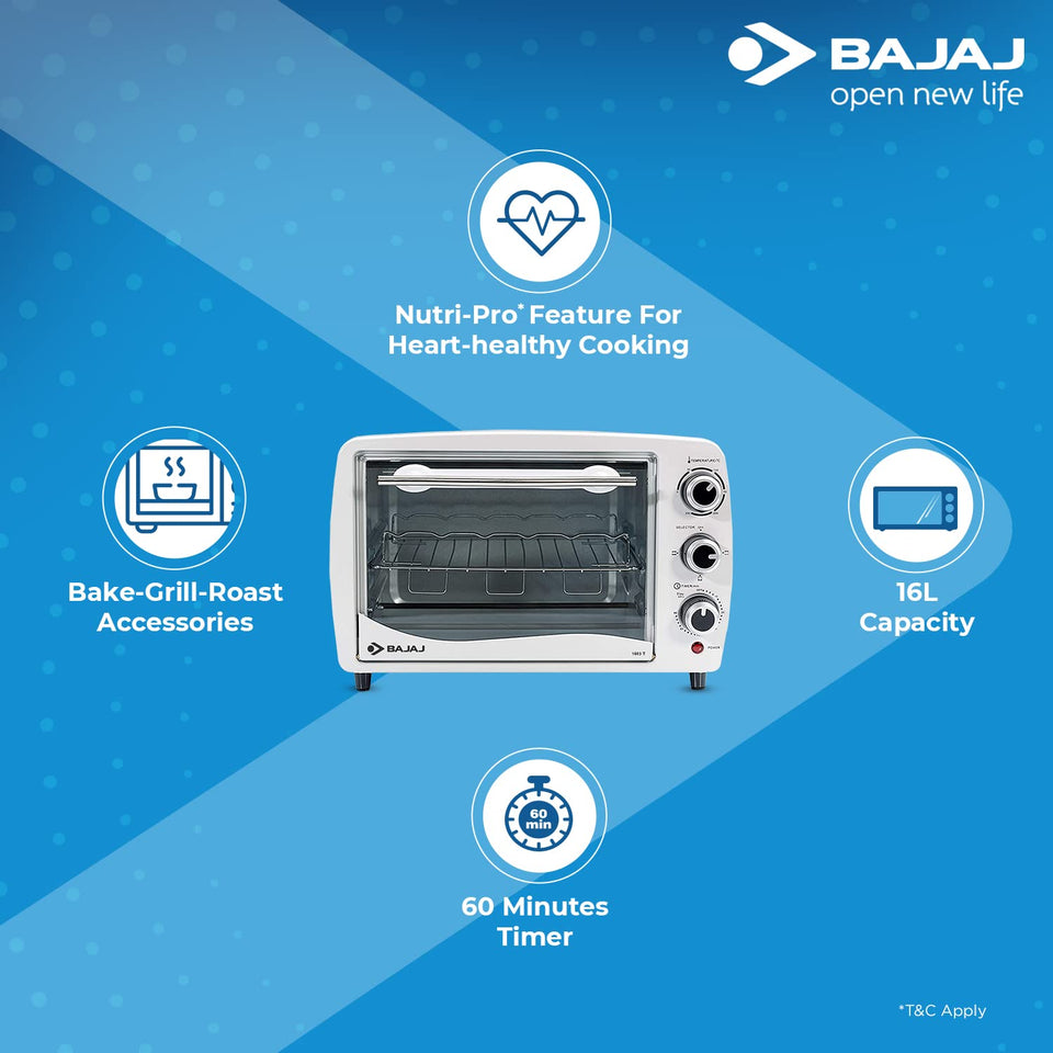 Bajaj 1603T oven infographic showing Nutri-Pro, bake-grill-roast accessories, 16 L capacity and 60 minute timer