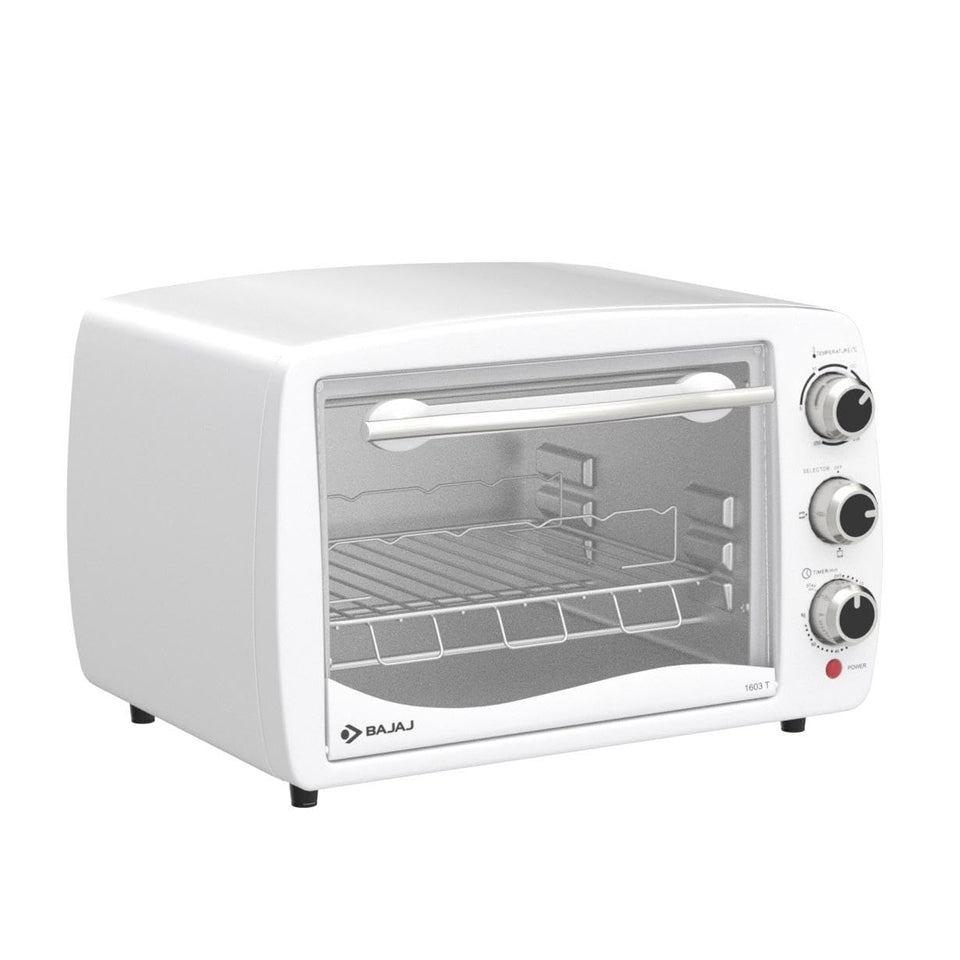 Bajaj 1603T white oven toaster grill in three-quarter view showing the side body, glass door and dials