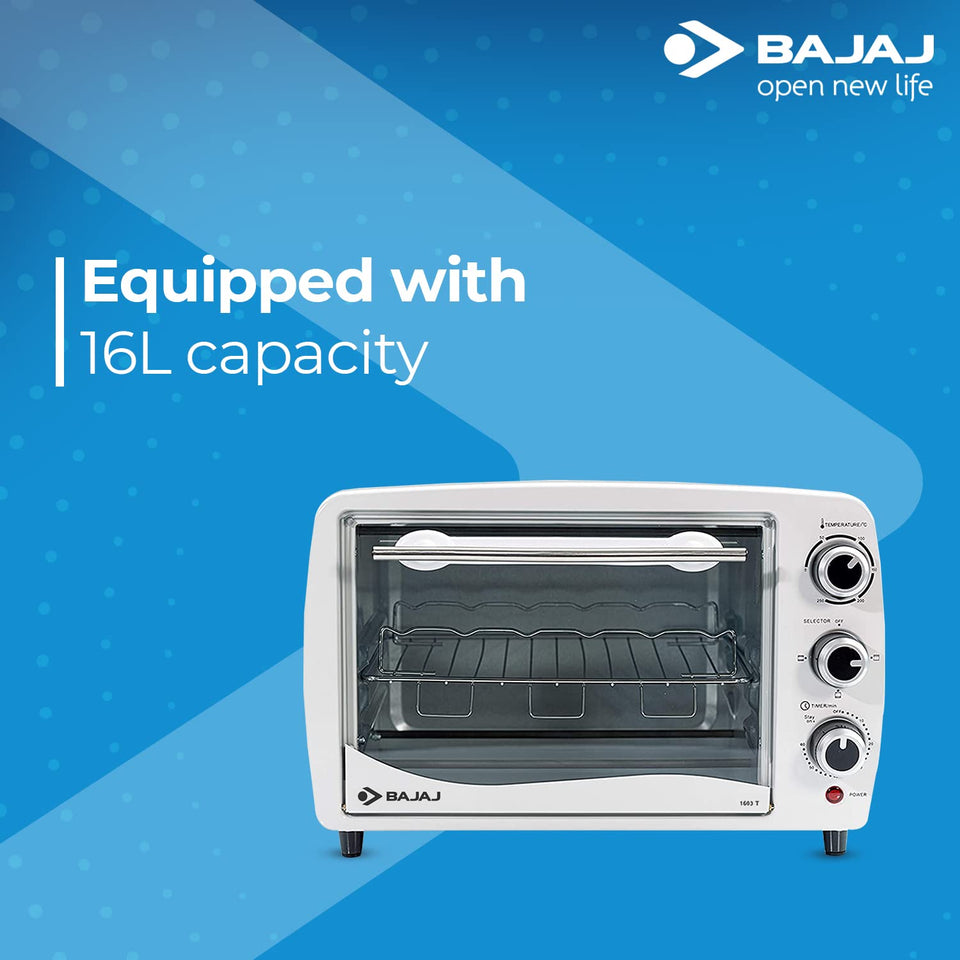 Bajaj 1603T oven toaster grill with the text Equipped with 16L capacity