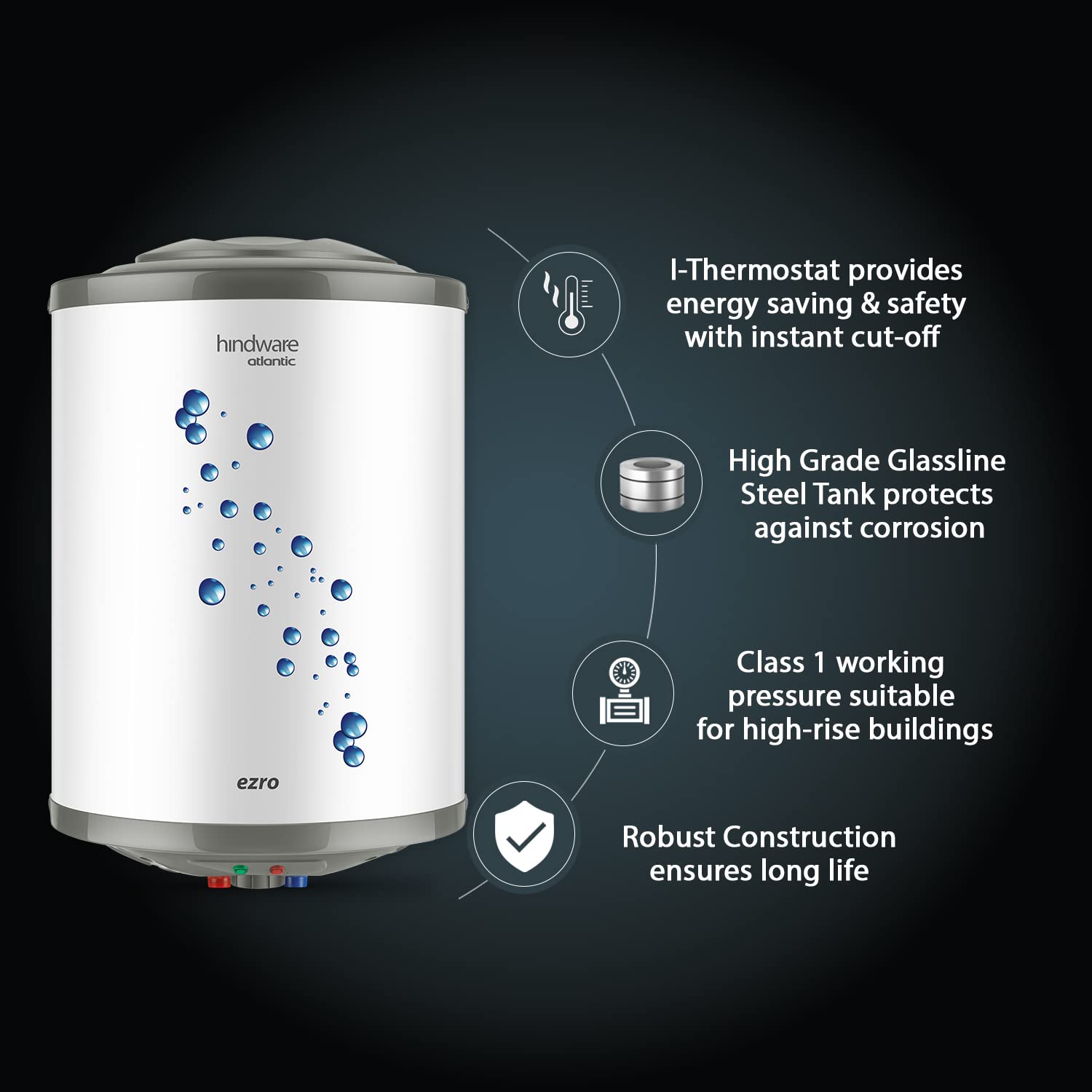 Hindware Atlantic Ezro 15L Storage Water Heater, White (1501Gdd), Wall Mounting