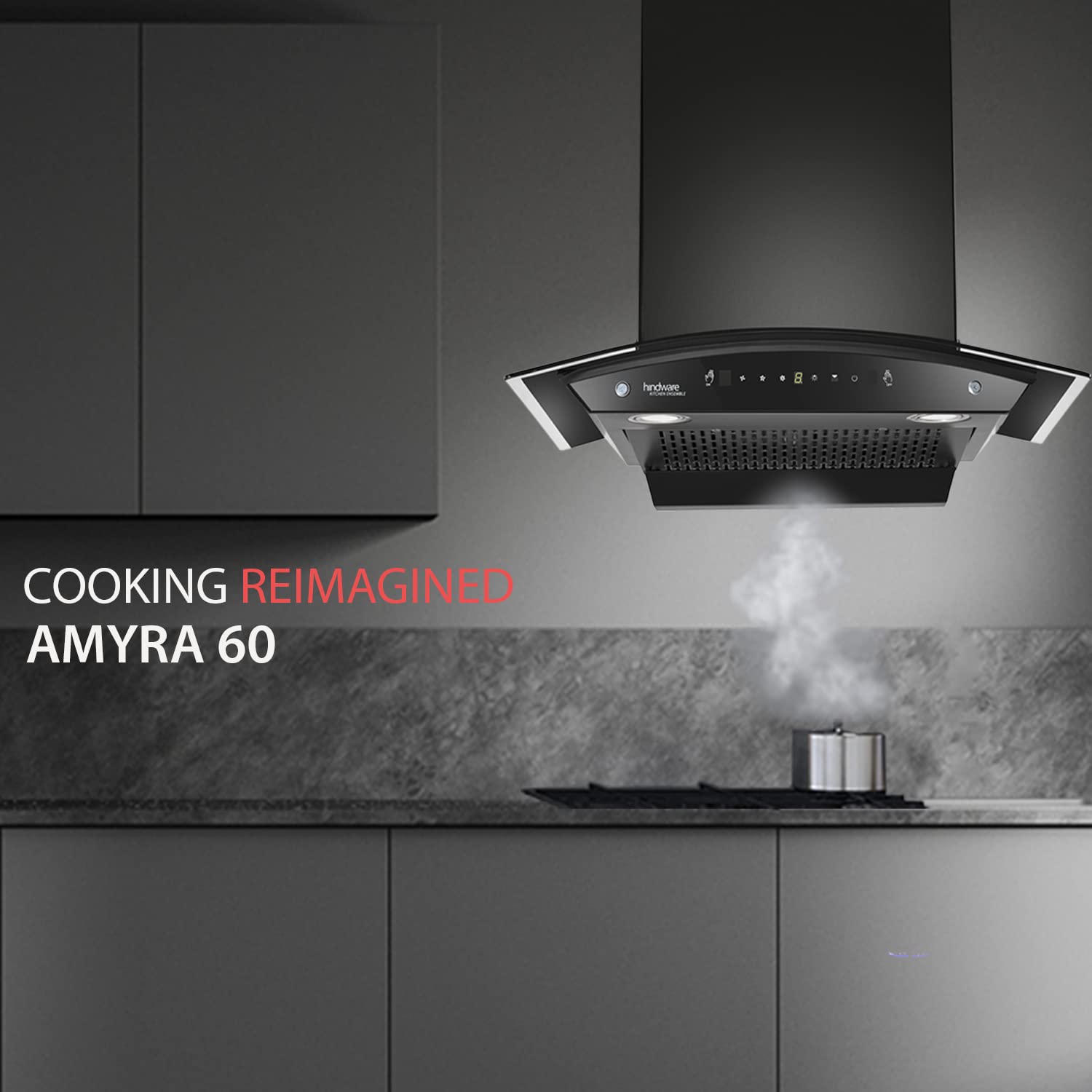 Hindware Smart Appliances Amyra 75 cm, 1200 m³/hr* Stylish Filterless Auto-Clean Wall Mounted Chimney for Kitchen with Motion Sensors, Touch Control and LED Lamps (Black)