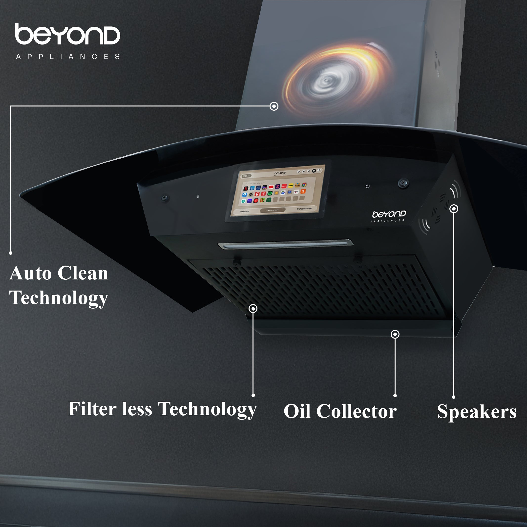 Beyond Asteria 90cm filterless auto clean chimney with oil collector