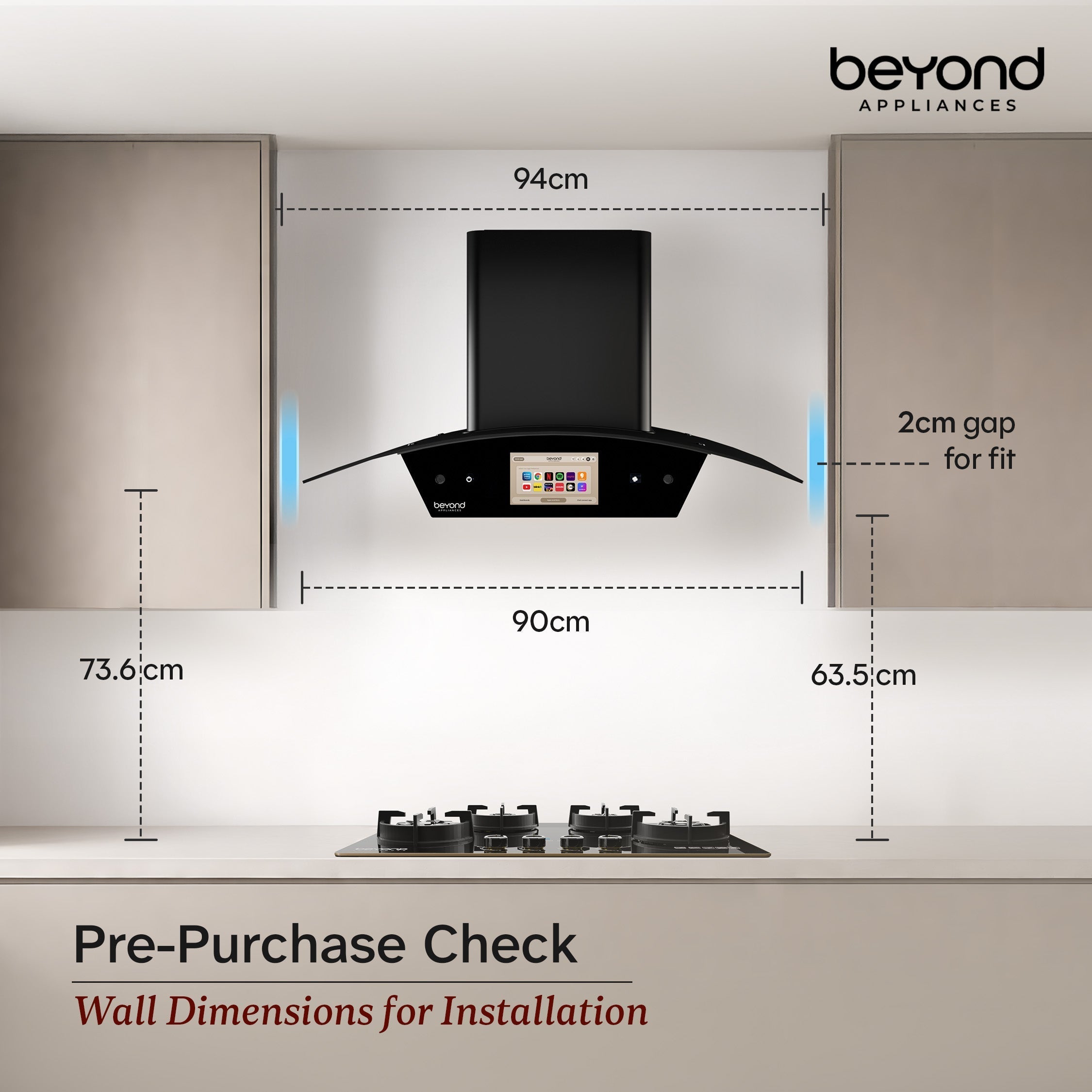 Beyond Asteria 90cm chimney installation dimensions and wall clearance