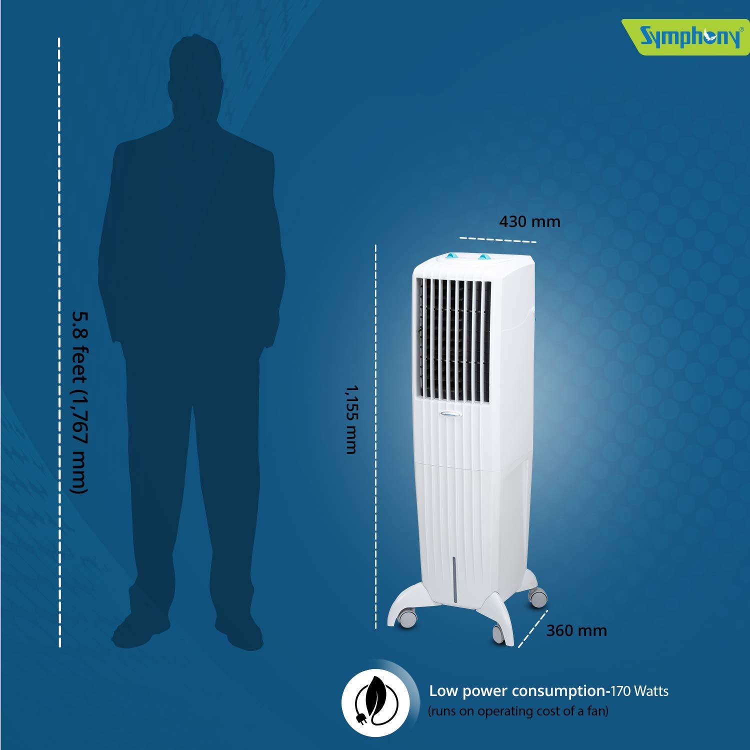 Symphony Diet 35T Tower Air Cooler with Honeycomb Pad, Cool Flow Dispenser - 35L, White