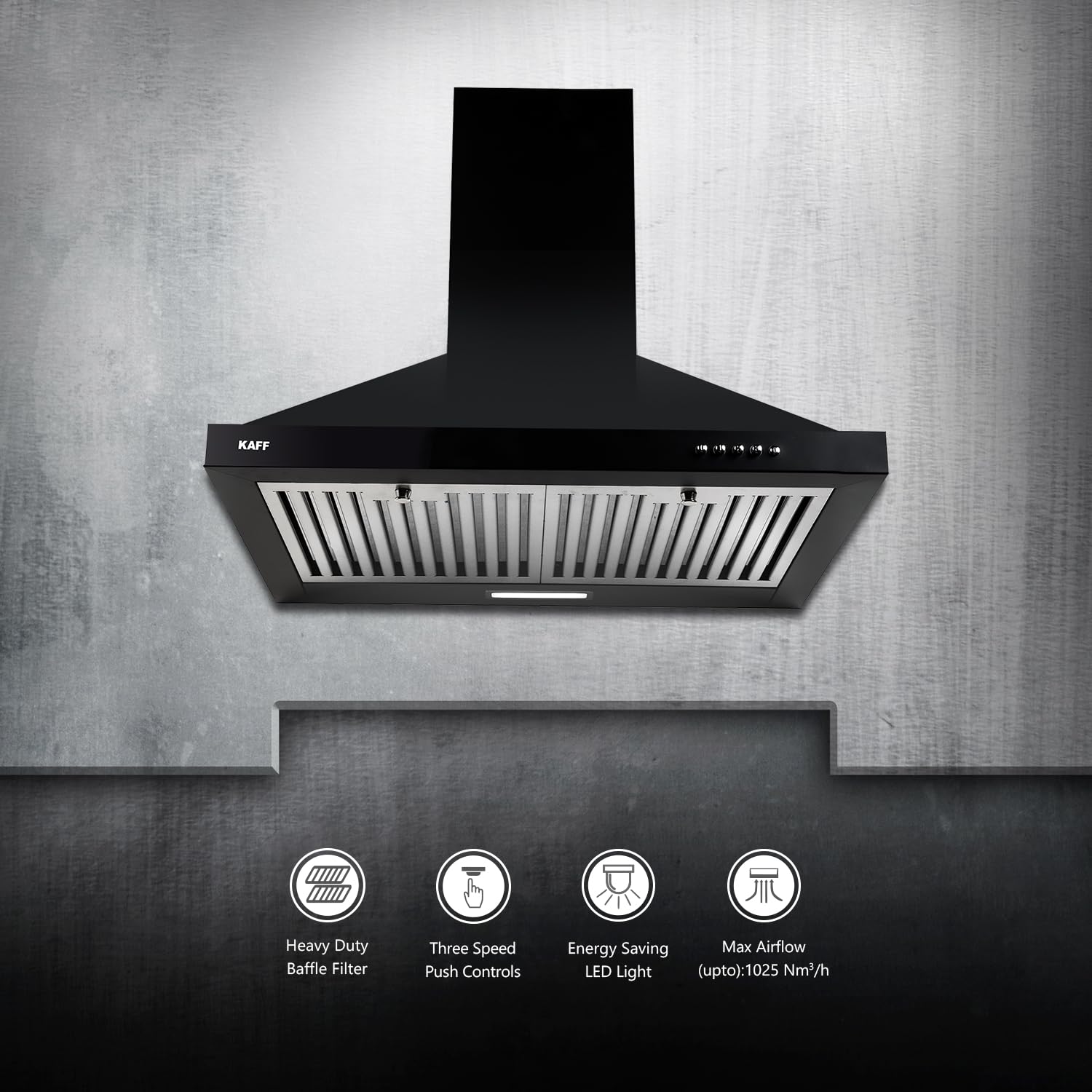 KAFF MELL60B 60CM Kitchen Chimney with 1025 m3/hr Suction, Soft Push Buttons, Matt Black Rust-Free Coating: Heavy Duty Baffle Filter & Pyramid Design