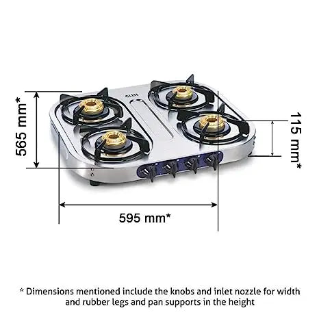 Glen 4 Burner Stainless Steel Gas Stove 1 High Flame 3 Brass Burners 2 year warranty (1044 HF)