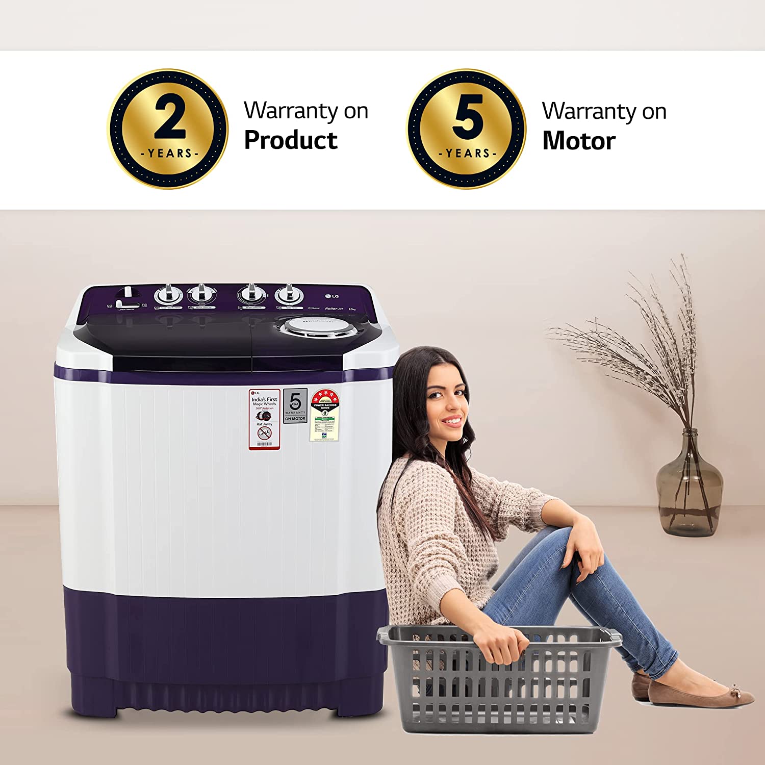 LG 8.5 Kg 5 Star Semi-Automatic Top Loading Washing Machine (P8535SPMZ, Purple, Roller Jet Pulsator), Large