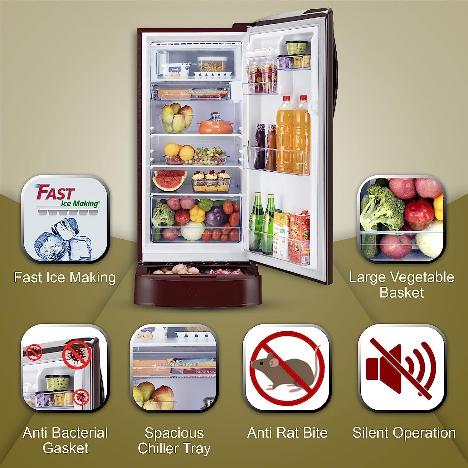 LG 201 L 5 Star Inverter Direct-Cool Single Door Refrigerator (GL-D211CSEU, Scarlet Euphoria, Base stand with drawer)