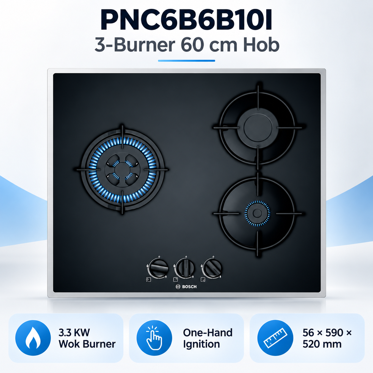 Bosch PNC6B6B10I features: 3.3 kW wok burner, ignition and dimensions
