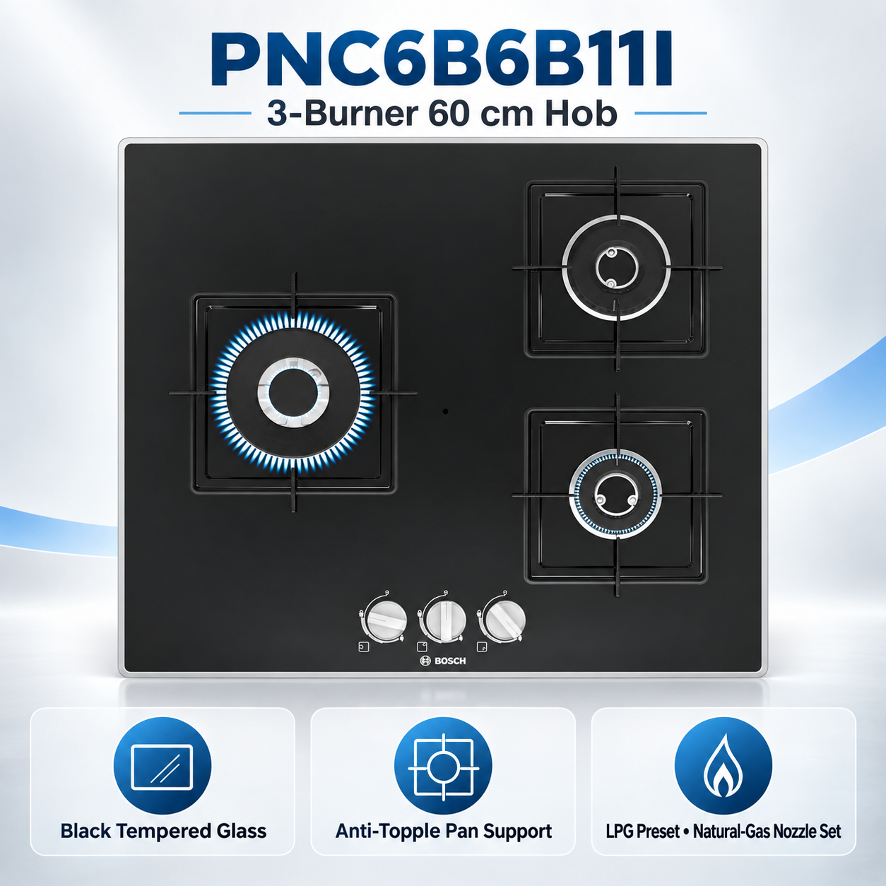 Bosch PNC6B6B11I features: tempered glass, pan support and gas setup