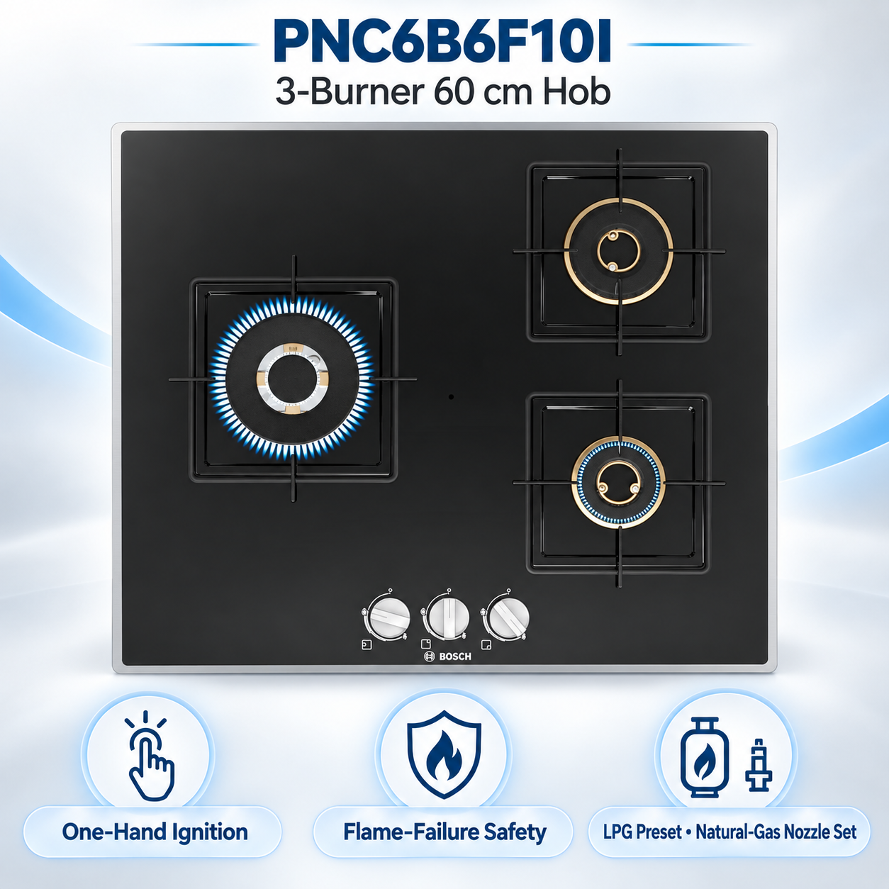Bosch PNC6B6F10I features: ignition, flame safety and gas setup