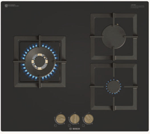 Bosch PNC6B6F20I 60 cm three-burner built-in gas hob in black