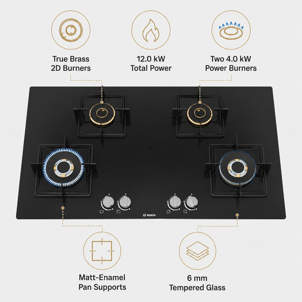 Bosch PNF9B6F10I True Brass 2D burners, enamel supports and 6 mm glass