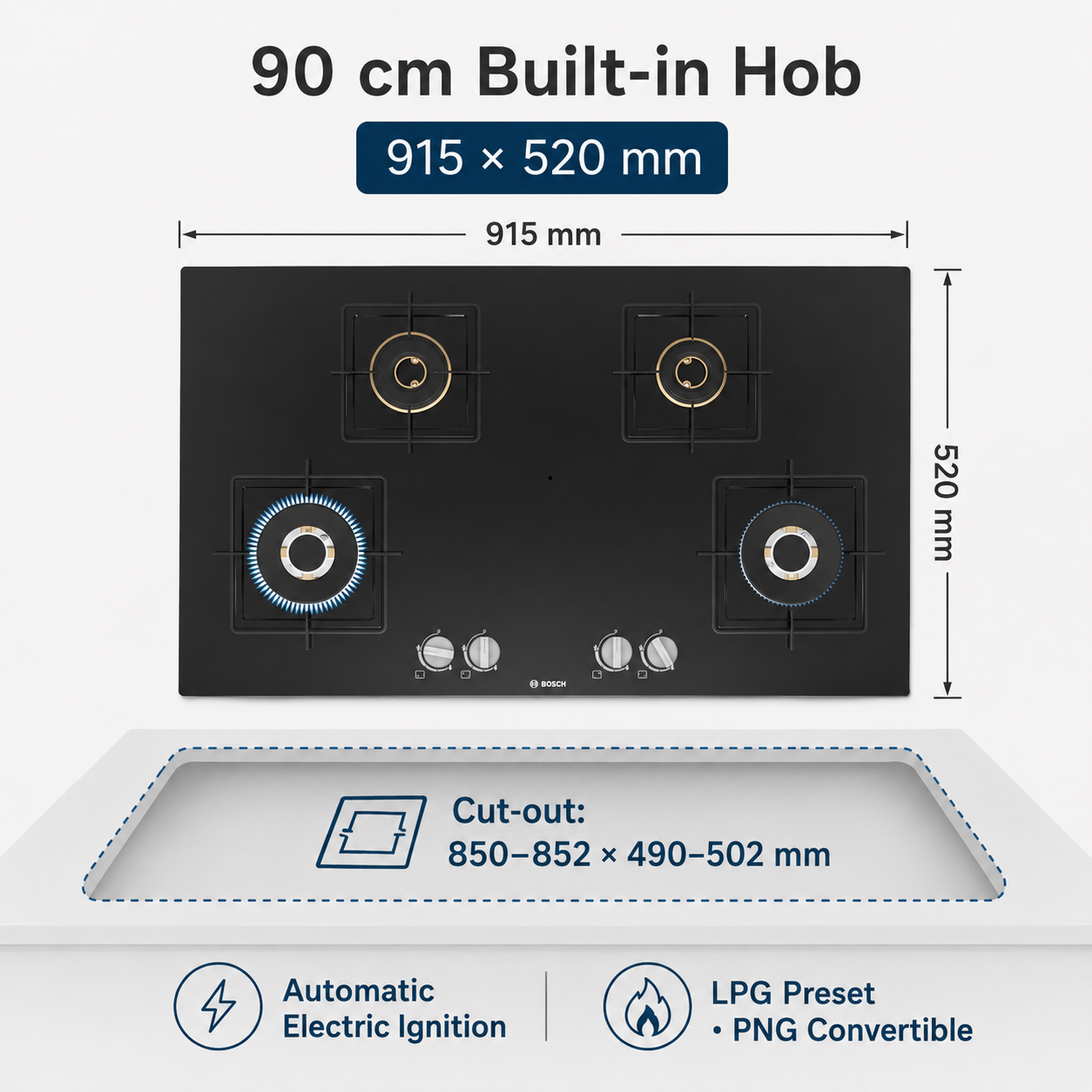 Bosch PNF9B6F10I dimensions, cut-out, ignition and LPG PNG installation