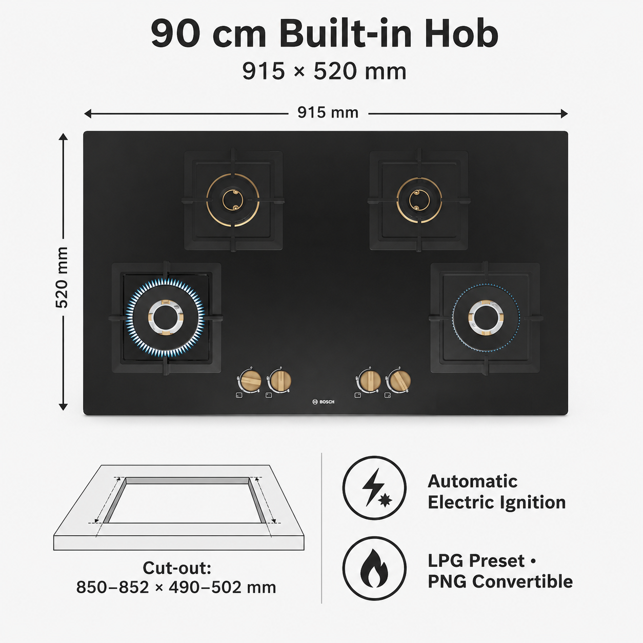 Bosch PNF9B6F20I dimensions, cut-out, ignition and LPG PNG installation