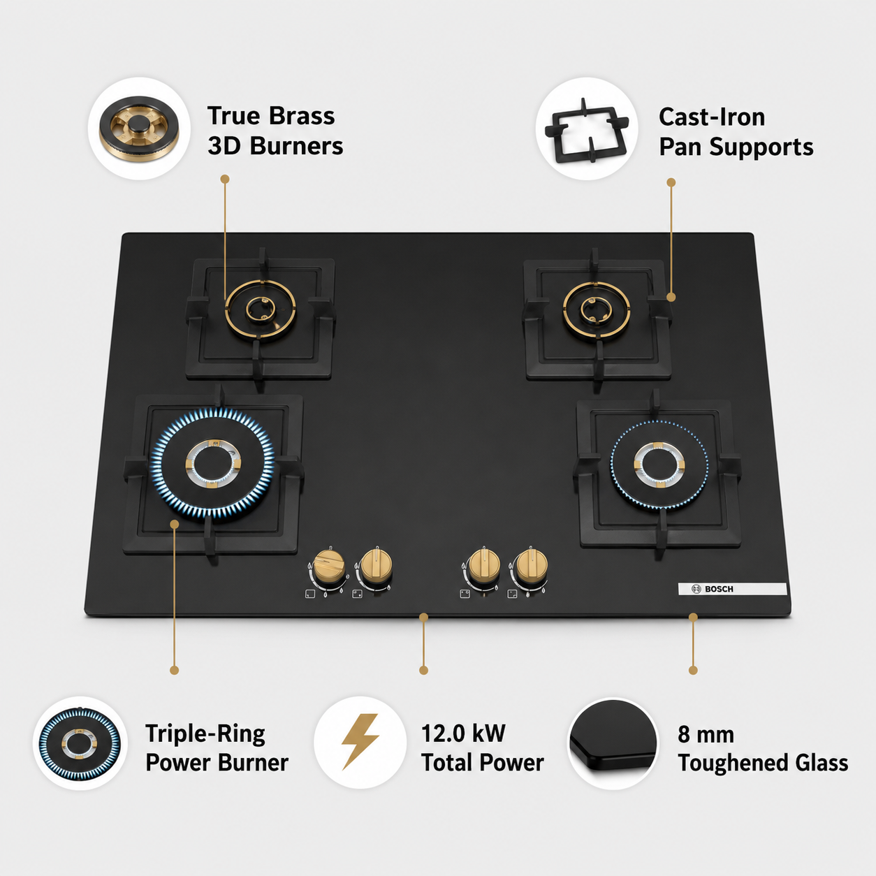Bosch PNF9B6G20I True Brass 3D, triple-ring burner and cast-iron supports