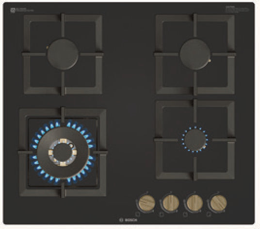 Bosch PNH6B6F21I 60 cm black tempered glass four-burner built-in gas hob