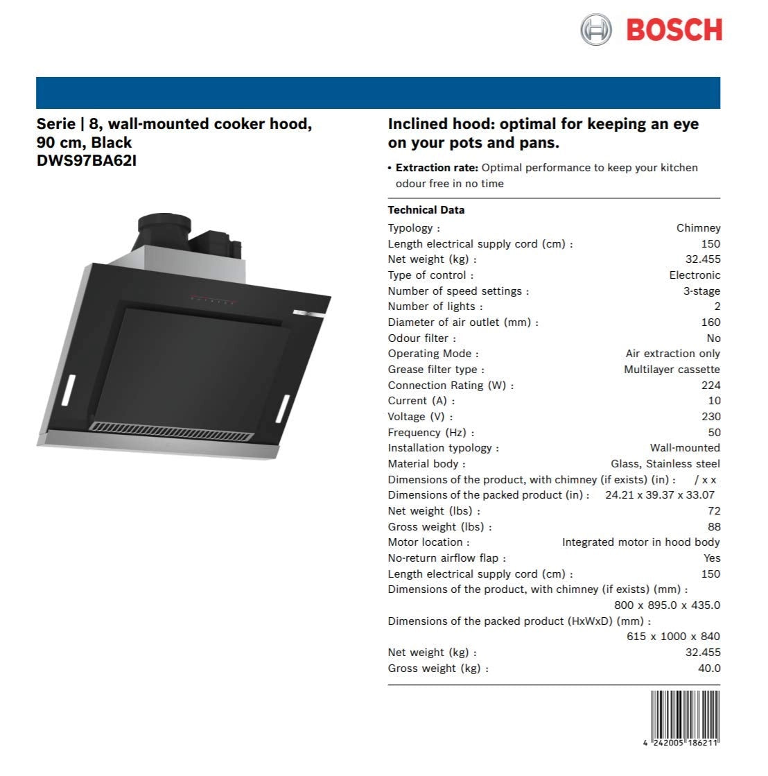BOSCH 90cm filterless chimney with touch contrl DWS97BA62I