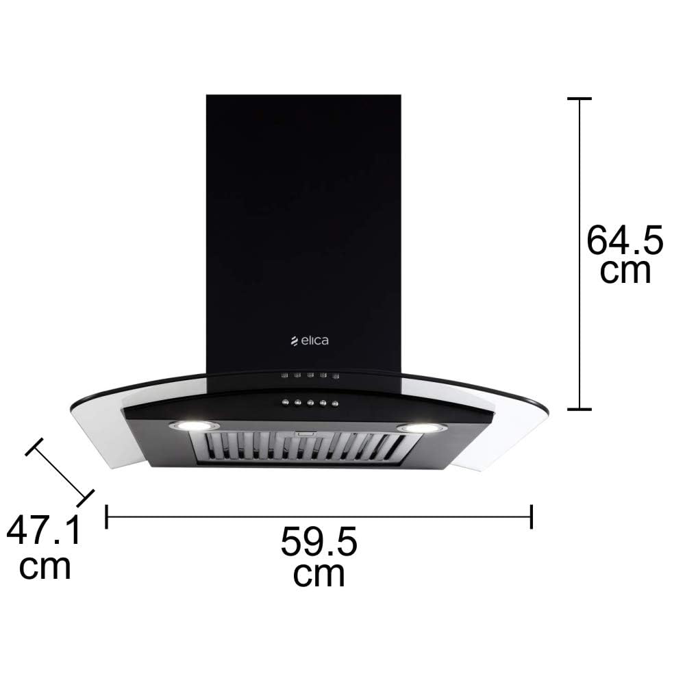 Elica 60 cm 1220 m3/hr Chimney (GLACE SF ETB PLUS LTW 60 PB LED, Black) with Installation Kit