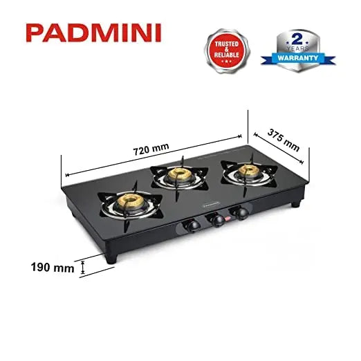 Padmini Gas Stove, 3 Burner, Black (CS-3GT Curve Auto)
