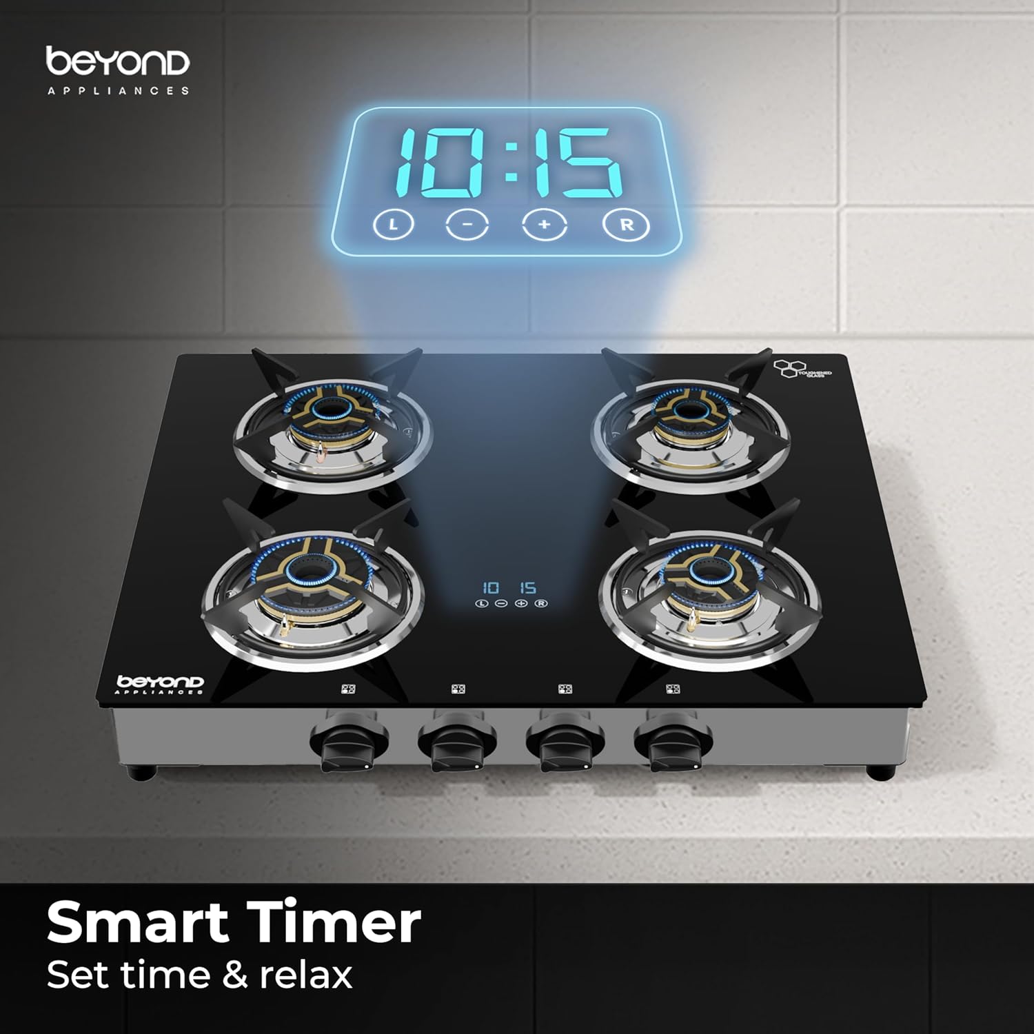 Beyond Appliances Auriga 4-Burner Smart Glass Gas Stove Auto Ignition