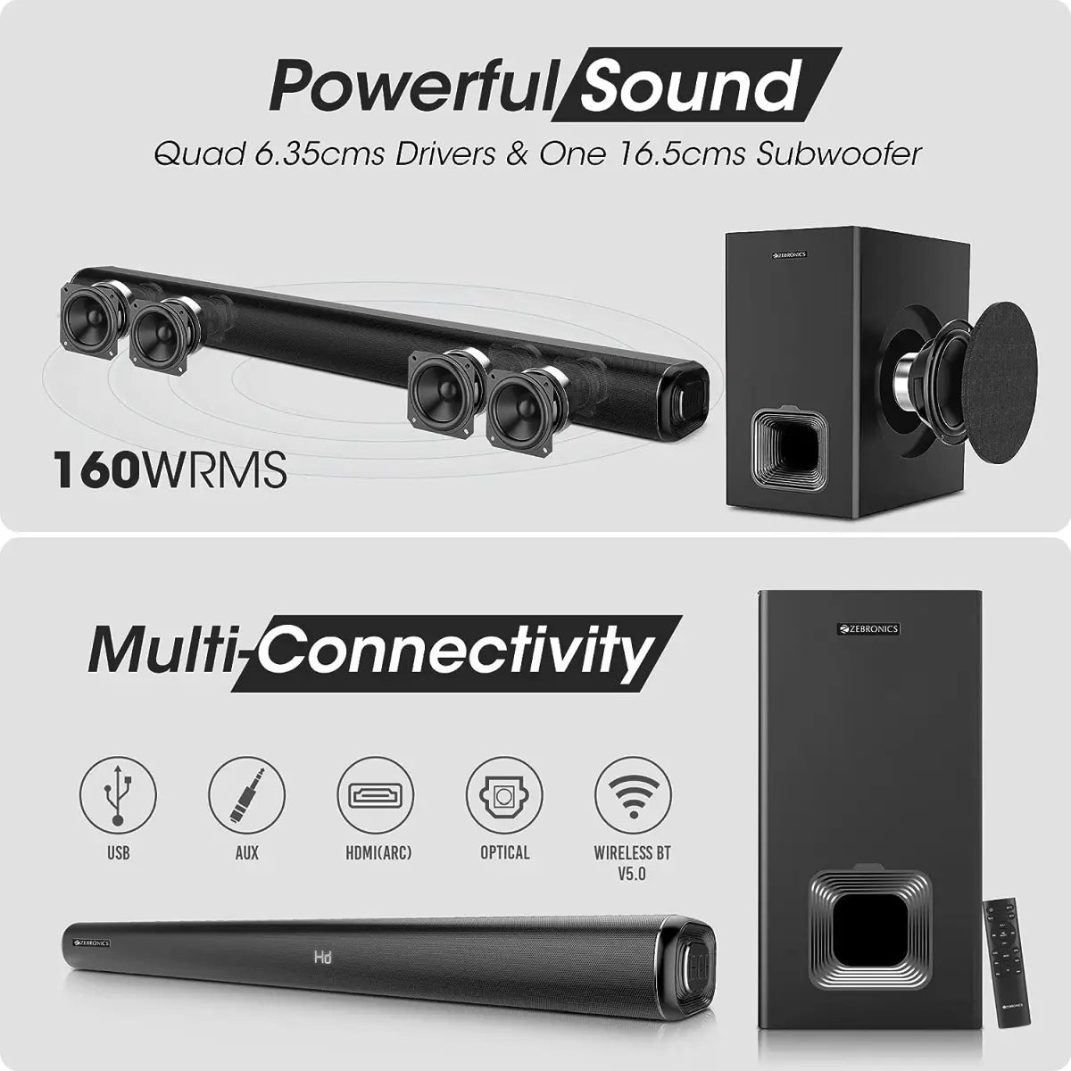 ZEBRONICS Juke Bar 6001 DWS Pro 160W 2.1 Channel Bluetooth Soundbar with Wireless Subwoofer, HDMI (ARC), Optical Input, Bluetooth/USB/AUX, Remote Control