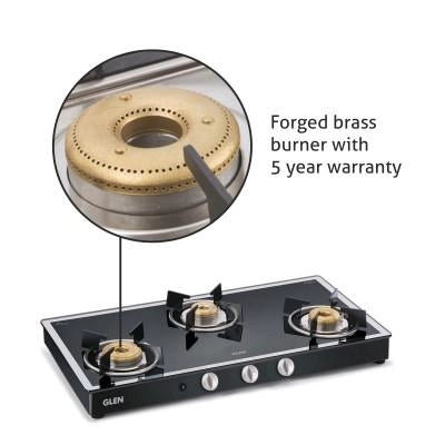 Glen 3 Burner Gas Stove 1038 GT Forged Burners Mirror Auto Ignition