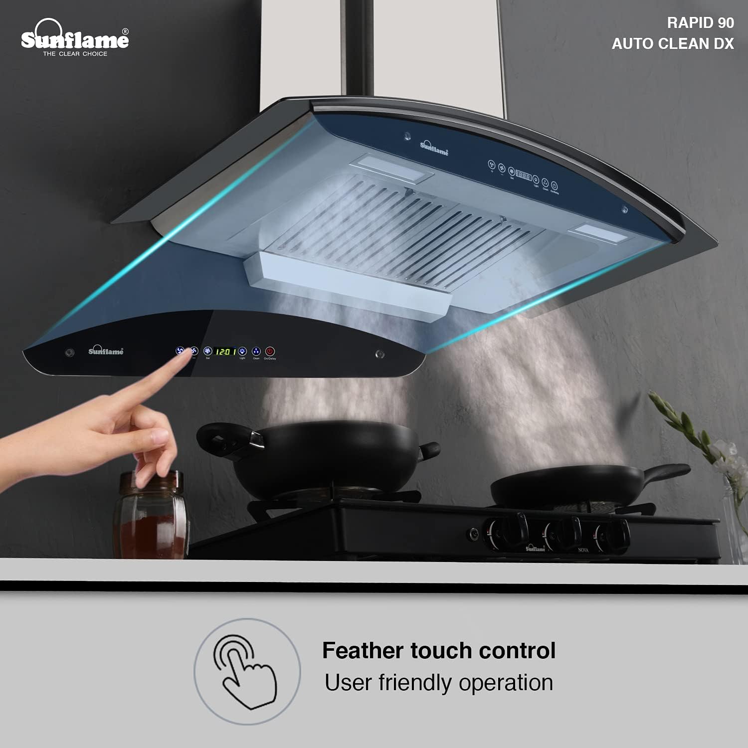 SUNFLAME 90cm 1100 m3/hr Auto Clean Chimney (CH Rapid 90 DX, 2 Baffle, Touch Control, Steel/Grey)
