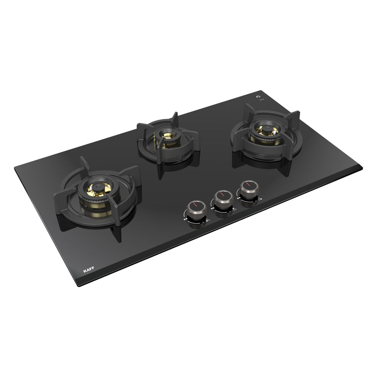 Angled view of Kaff Ashford ASF 783 hob showing brass burners, cast iron pan supports and knobs