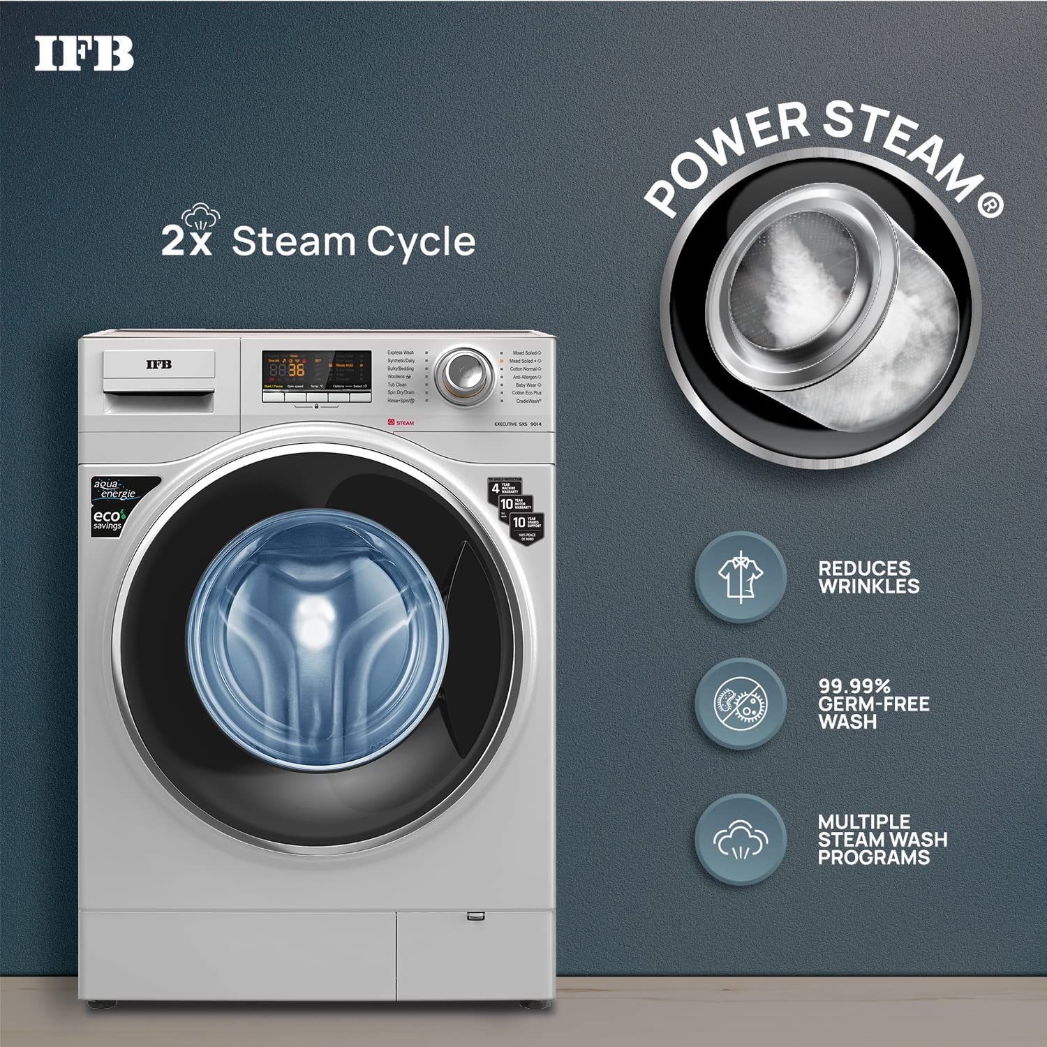 IFB 9 Kg 5 Star Front Load Washing Machine 2X Power Steam (EXECUTIVE SXS 9014, Silver, In-built Heater, 4 years Comprehensive Warranty)